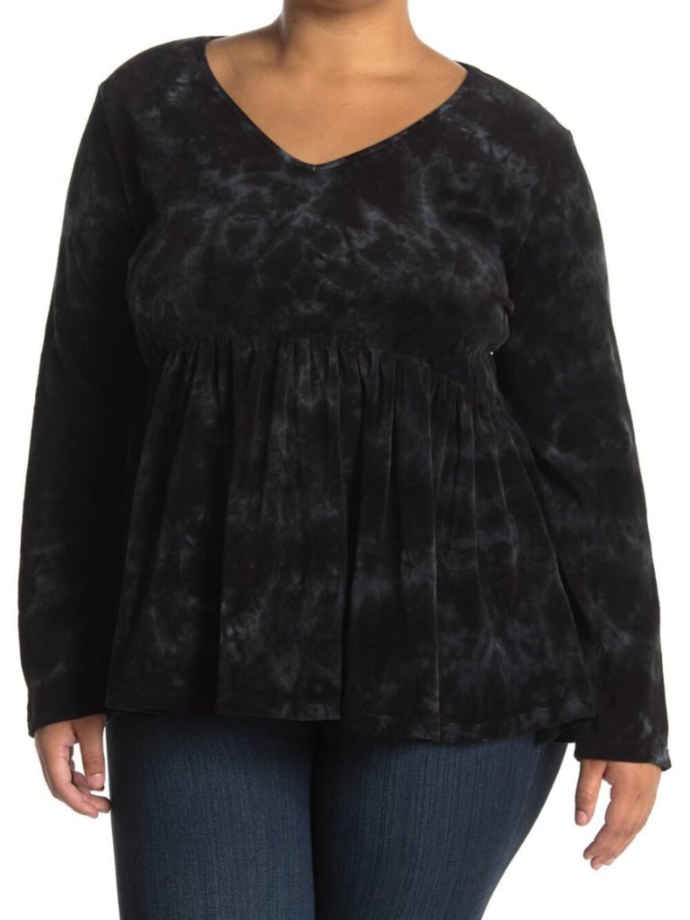 Baea Velvet Peplum Babydoll Top Long Sleeve V-Neck Tunic Black Tie Dye Size XL